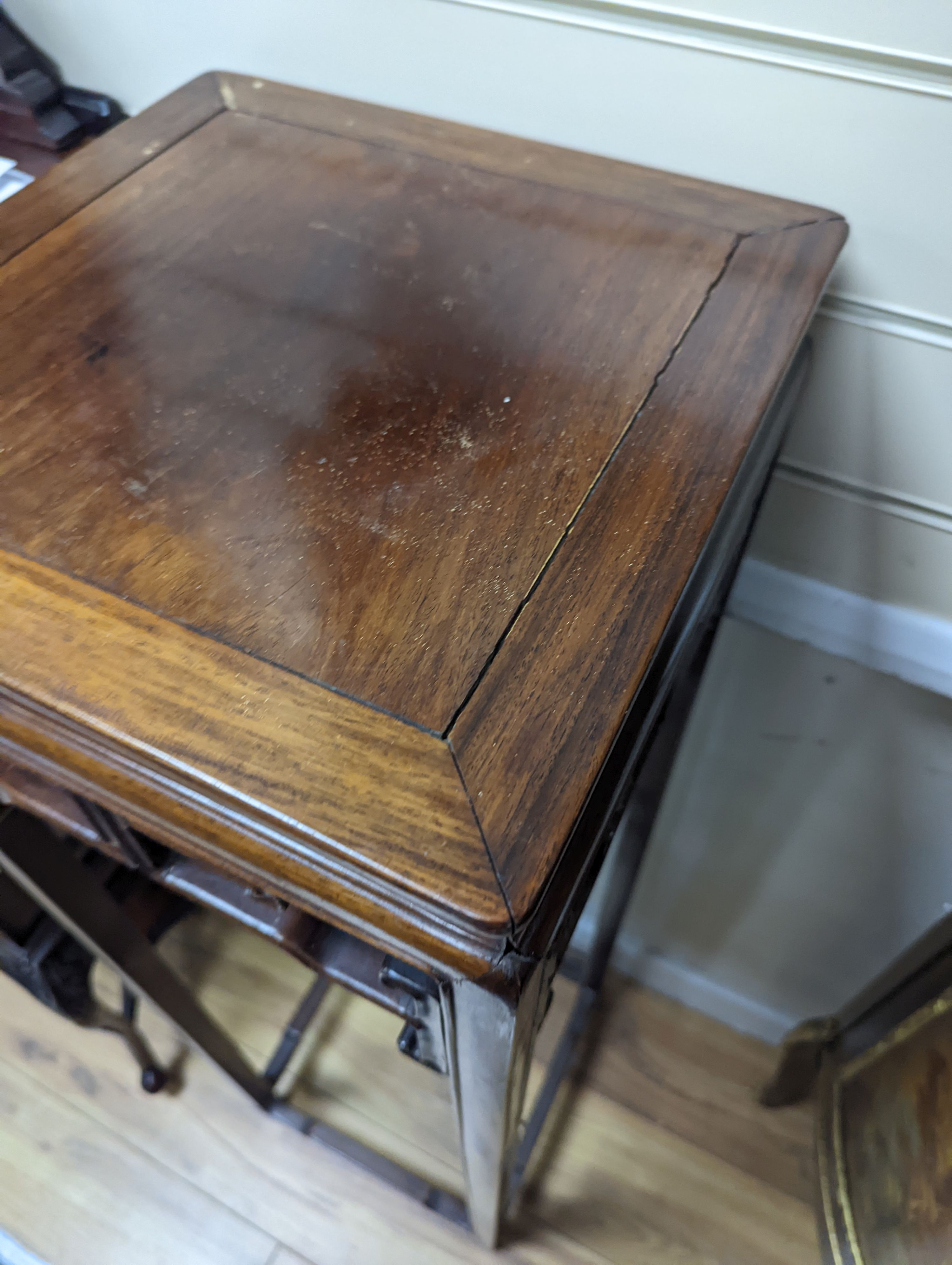 A Chinese carved hardwood vase stand, width 32cm, depth 33cm, height 110cm